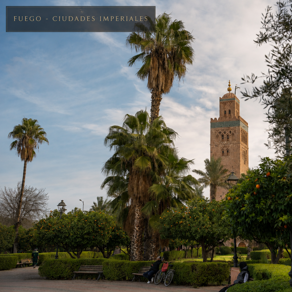 Palmeras y torre de mezquita en ciudad imperial de Marruecos