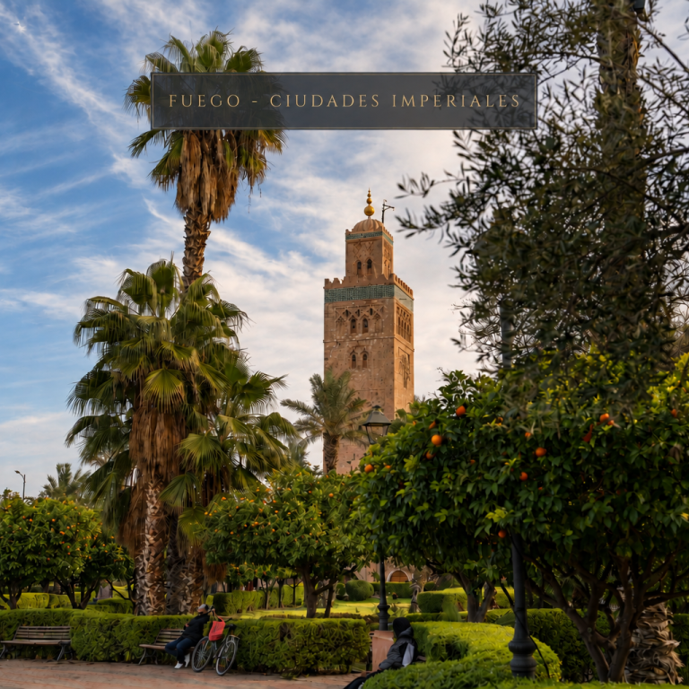 Palmeras y torre de mezquita en ciudad imperial de Marruecos